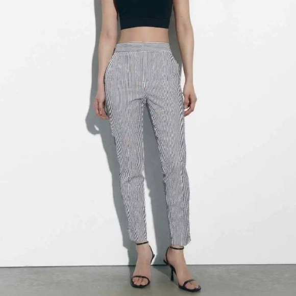 NWT ZARA Navy White Striped Trouser Pants Seersucker MidRise Stretch Women's M - Picture 13 of 14